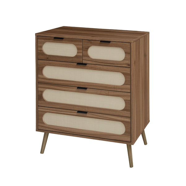 English Elm 5 Drawer Cabinet with Pine Feet, Engineered Rattan Finish, Anti-Dump Safety, Durable Moisture-Proof Storage (37.41"x18.9"x9.45") W688137513