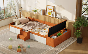 English Elm Twin Velvet Kids Daybed with Built-in Stairs Padded Guardrails and Gas Lift Storage Brown+White SF000201AAD