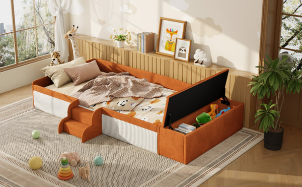 English Elm Twin Velvet Kids Daybed with Built-in Stairs Padded Guardrails and Gas Lift Storage Brown+White SF000201AAD