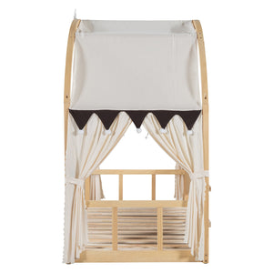 English Elm Twin Pinewood Ground-Level Canopy Bed with Arched Roof and Trundle for Kids—Whimsical, Sturdy Design Natural N820P181648N