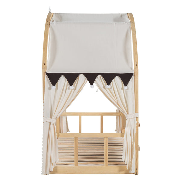 English Elm Twin Pinewood Ground-Level Canopy Bed with Arched Roof and Trundle for Kids—Whimsical, Sturdy Design Natural N820P181648N