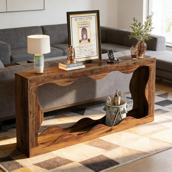 English Elm Wood Solid Fir Console Table Handcrafted Farmhouse Style for Entryway or Sofa Rustic Brown T3971P446942