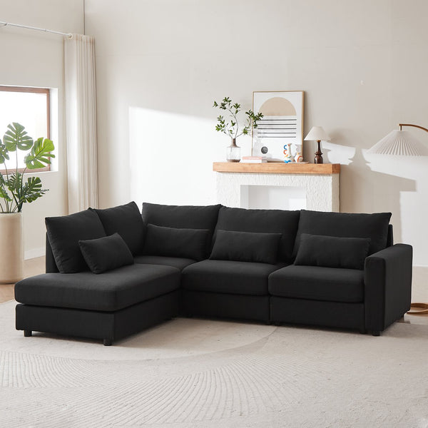 English Elm MH100.2" Sofa Convertible L-Shaped Linen Sectional with Movable Ottoman 5 Cushions 4 Lumbar Pillows Black W1193S00141
