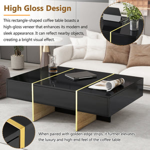 English Elm ON-TREND 47.2" x 31.4" High-Gloss Minimalist Coffee Table with 2 Drawers, Golden Wood-Grain Legs, Modern Centerpiece for Living Room Black N721P180693B