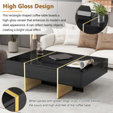 English Elm 47.2'' X 31.4''Minimalist High Gloss Coffee Table With 2 Drawers, Multi-Storage Rectangle Sofa Table With Golden Wood Grain Legs, Modern Center Table For Living Room, Black