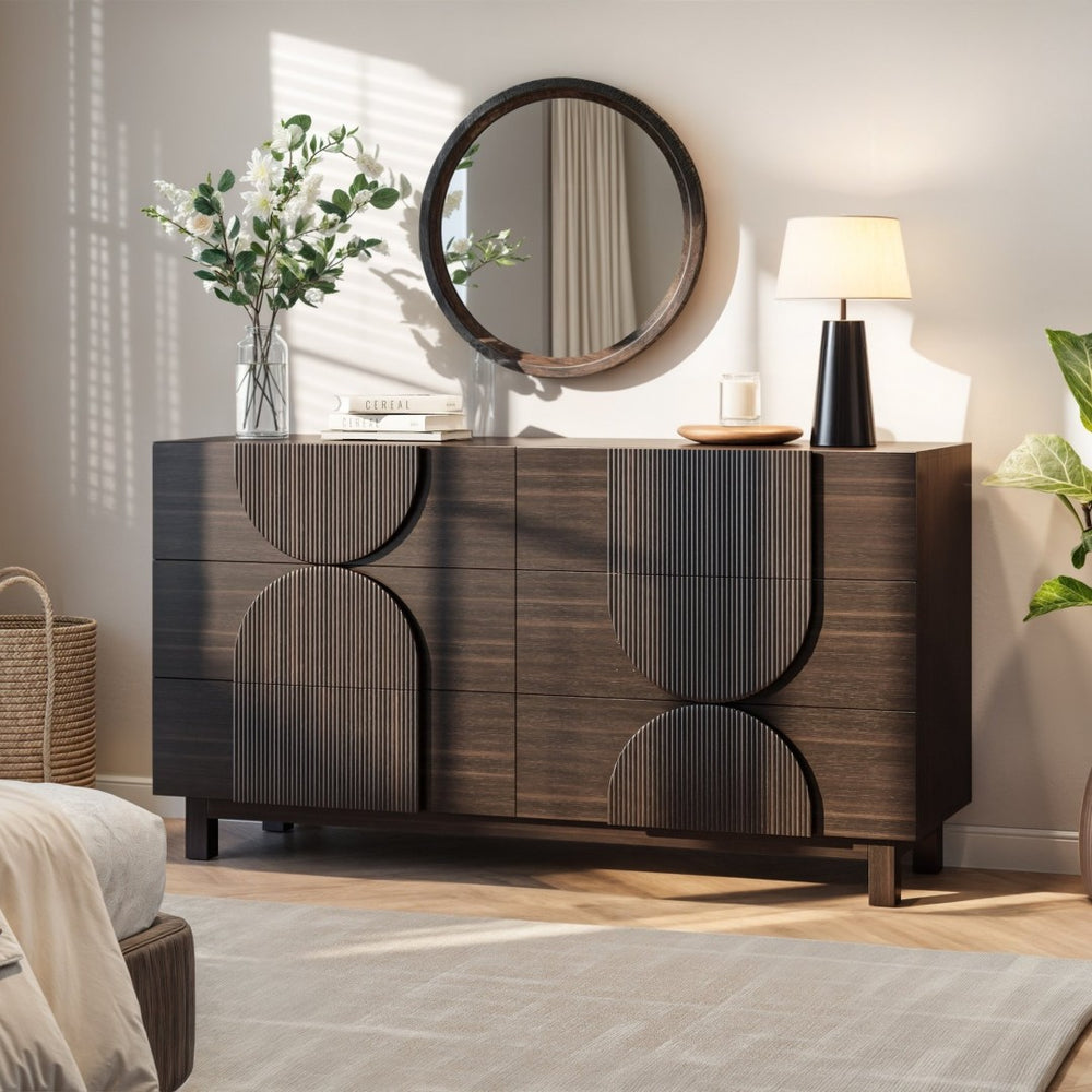 English Elm Modern Fluted 6 Drawer Dresser with Solid Wood Legs Japandi Chest for Bedroom Dark Brown N739S0000013D