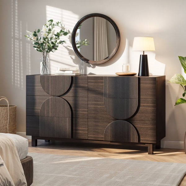 English Elm Modern Fluted 6 Drawer Dresser with Solid Wood Legs Japandi Chest for Bedroom Dark Brown N739S0000013D