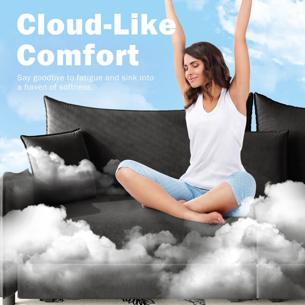 English Elm 81.9" 3-in-1 Convertible Sleeper Sofa Bed with Velvet Upholstery, 3 Pillows & Golden Trim Accent Black W1885S00254