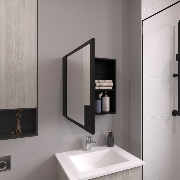 English Elm Duma Mirrored Medicine Cabinet 21.1" H x 19.7" W with Four Adjustable Shelves, Towel Rack & Easy Mounting Black 27.2 L x 24.9 W x 4.4 H B200P240245
