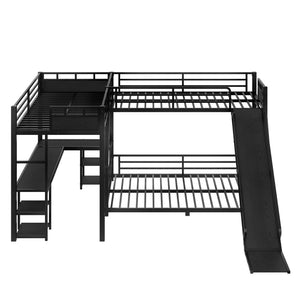 English Elm L-Shaped Metal Bunk Bed With Slide, Twin Loft, Desk & Storage Shelves - Space-Saving Design In Black! W1580S00278