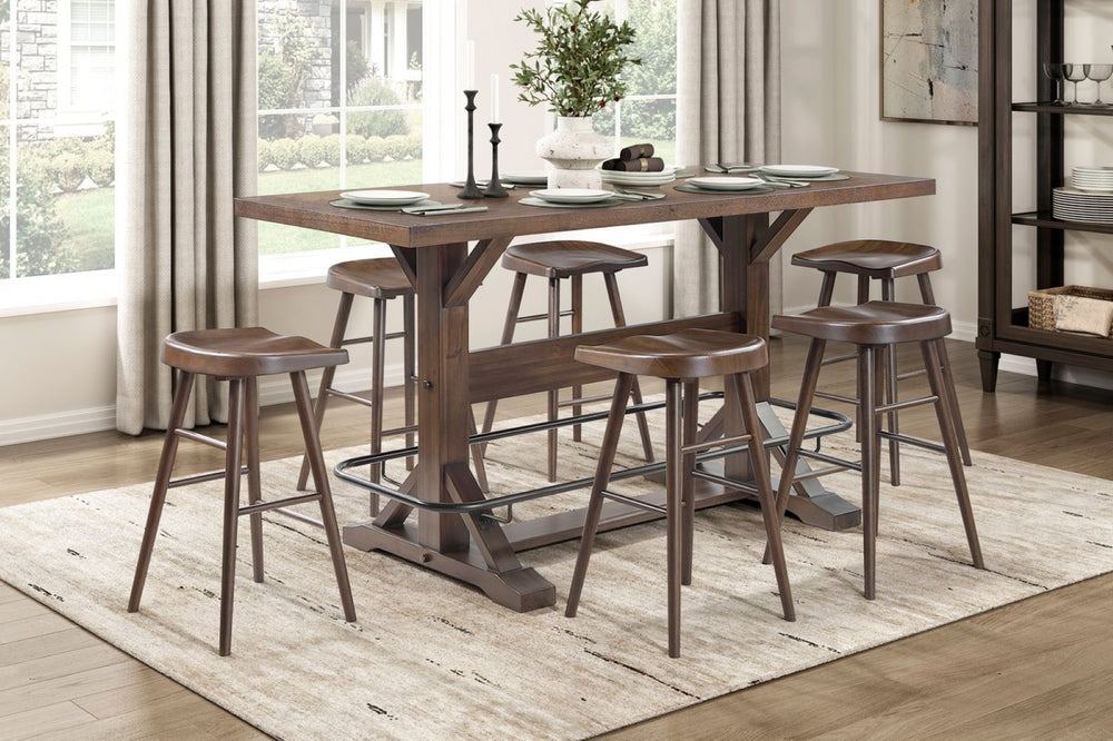 English Elm Brown Acacia Veneer Pub Table Set with Six Saddle Stools Industrial Home Bar Dining B011S02269