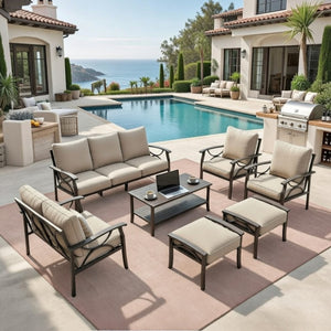 English Elm 7-piece Outdoor Sectional Set Steel Frame 9 Seat Patio Conversation with Cushioned Ottomans Beige B082S00119
