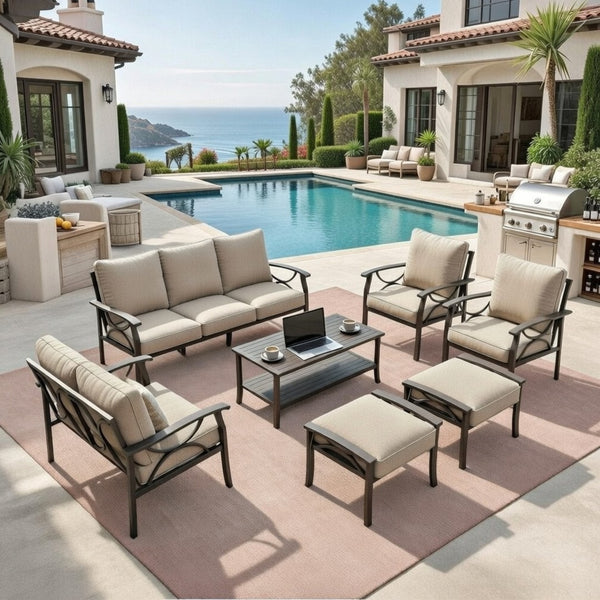 English Elm 7-piece Outdoor Sectional Set Steel Frame 9 Seat Patio Conversation with Cushioned Ottomans Beige B082S00119