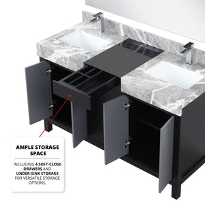 English Elm Black Double Bath Vanity Set With Castle Grey Marble Top, Gun Metal Faucet & 53" Mirror – Stylish & Durable! B2731S01026