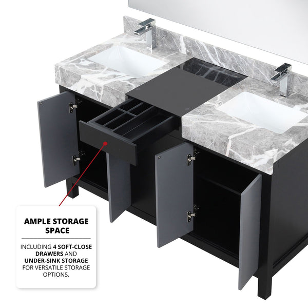 English Elm Black Double Bath Vanity Set With Castle Grey Marble Top, Gun Metal Faucet & 53" Mirror – Stylish & Durable! B2731S01026