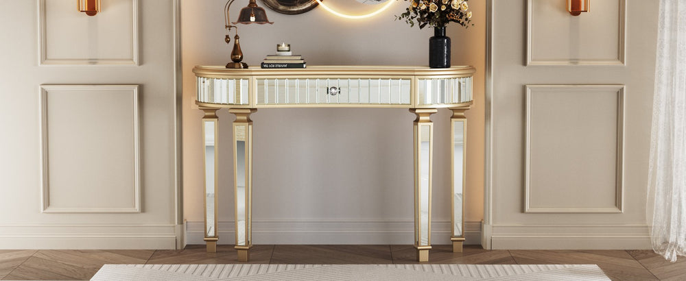 English Elm 47" Half-Moon Mirrored Console Table with Fluted Glass Panels, Crystal Knob Drawer, Chic Vanity Desk Golden,Silver W1445P322847