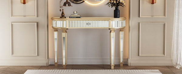 English Elm 47" Half-Moon Mirrored Console Table with Fluted Glass Panels, Crystal Knob Drawer, Chic Vanity Desk Golden,Silver W1445P322847