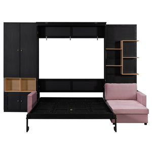 English Elm Queen Murphy Wall Bed with Velvet Sofa Built in Shelves Cabinets and Reading Lights Black LP000393AAB