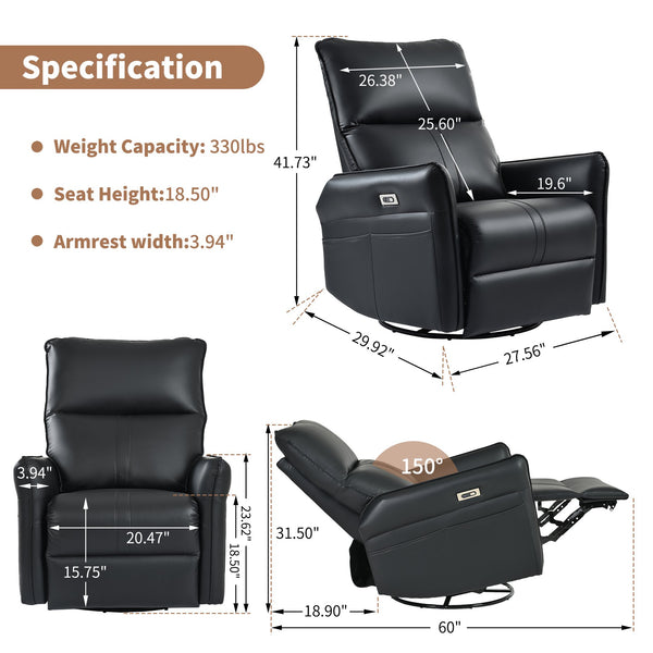 English Elm Power Power Swivel Rocker Recliner Chair with Wide Armrests, Dual USB Charging Ports, Compact Comfort Black PU W1028S00031
