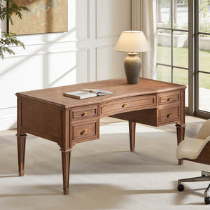 English Elm Jennifer Taylor Home - Dauphin Elegant Gold-Trim 5-Drawer Executive Desk in Ash Wood Veneer with Soft-Close Storage Appeal Brown B2719P408078