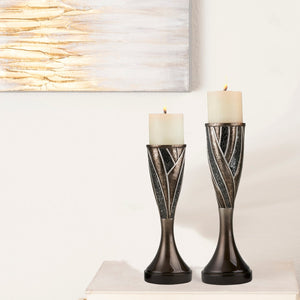 English Elm 12" And 14" Tall Lelei Candleholder Set - Elegant Silvery & Bronze Finish With Votive Candles Included B072116562