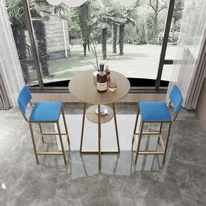 English Elm Bar Table and Chair Set Gold Frame Blue Velvet Cushions with Built-in Storage Shelf W3064P245389