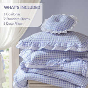 English Elm 4-piece Gingham Ruffle Comforter Set Romantic Cottage Bedroom Brushed Polyester Fill Blue B035P463186
