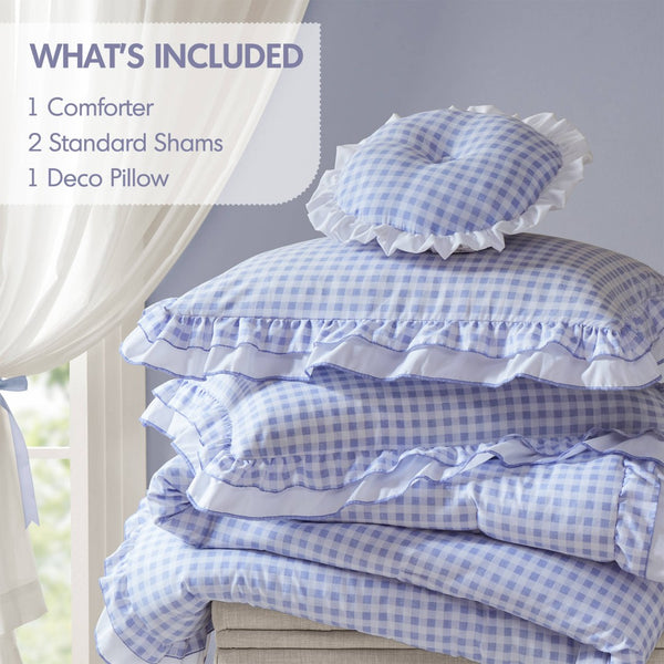 English Elm 4-piece Gingham Ruffle Comforter Set Romantic Cottage Bedroom Brushed Polyester Fill Blue B035P463186