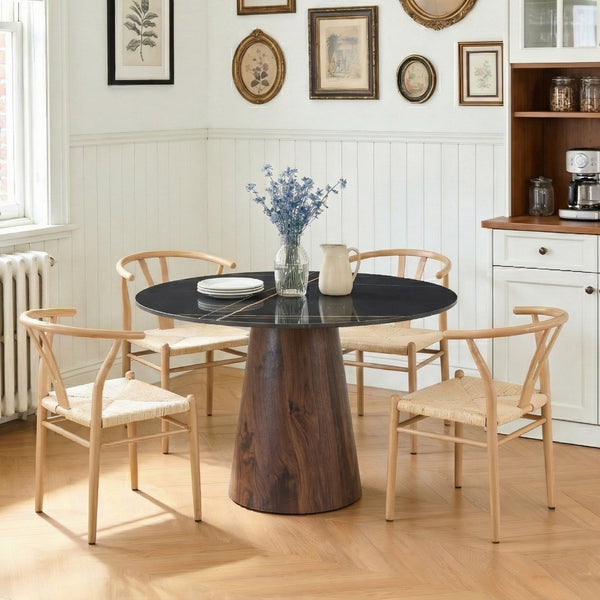 English Elm Table and Chair Set 42 Inch Round Stone Look Top with Wishbone Iron Dining Chairs W2920S00143