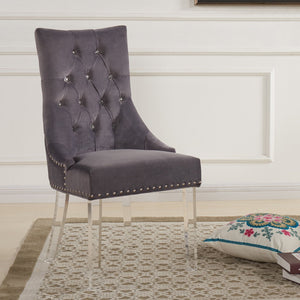 English Elm Wylor Tufted Gray Velvet Dining Chair with Acrylic Legs, Diamond Stitching, Nail Accents, Plush Comfort B2736P354308