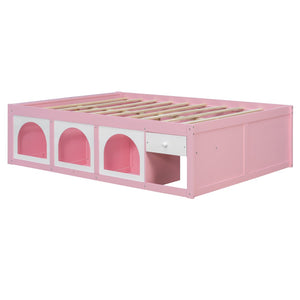 English Elm Full Size Kids Platform Bed with Led Lighting Bookshelf Display Cabinet and Storage Drawer Pink+White N820S00077H