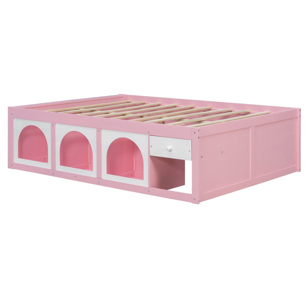 English Elm Full Size Kids Platform Bed with Led Lighting Bookshelf Display Cabinet and Storage Drawer Pink+White N820S00077H
