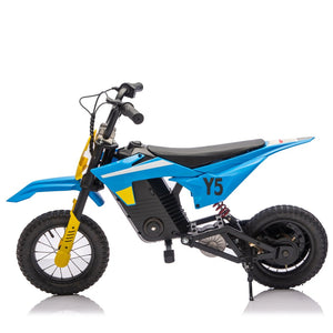 English Elm 24v 250w Kids Off-road Electric Motorcycle with Led Lights Bluetooth and Rear Suspension Blue W1578P203980