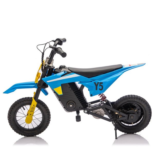 English Elm 24v 250w Kids Off-road Electric Motorcycle with Led Lights Bluetooth and Rear Suspension Blue W1578P203980