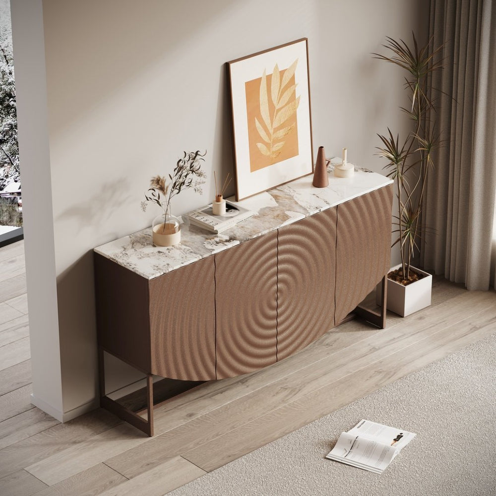 English Elm Unique Wave Relief Sideboard Buffet with Marble Top Four Door Living Dining Storage W2263P375694
