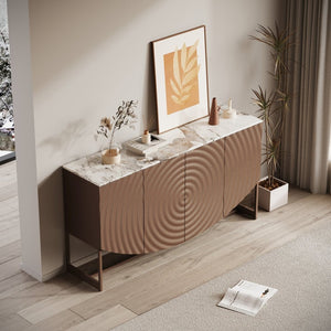 English Elm Unique Wave Relief Sideboard Buffet with Marble Top Four Door Living Dining Storage W2263P375694