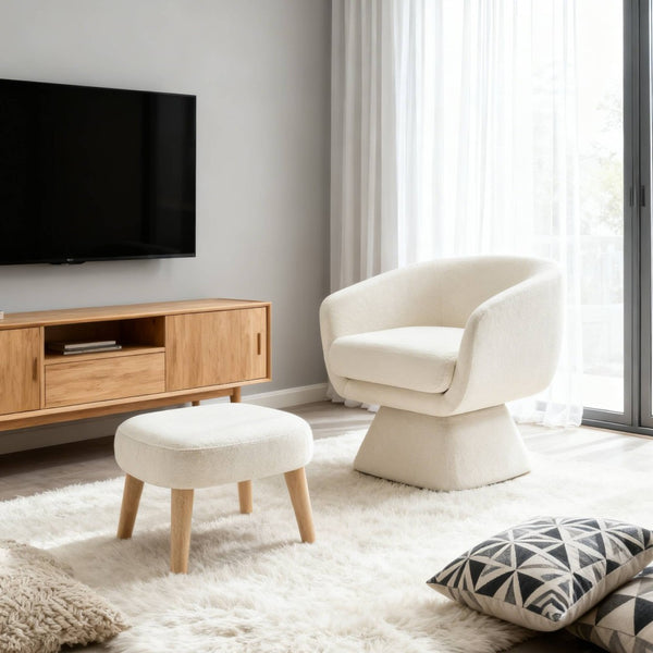 English Elm Lazy Swivel Barrel Chair and Ottoman Set Upholstered Modern Reading Nook Accent Beige+White W2085P381032