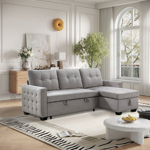 English Elm 77 Reversible 77 Inch Sectional Storage Sleeper Sofa Bed with Pull-Out Guest Bed, Velvet Plush Seating LIGHT GREY W120343142