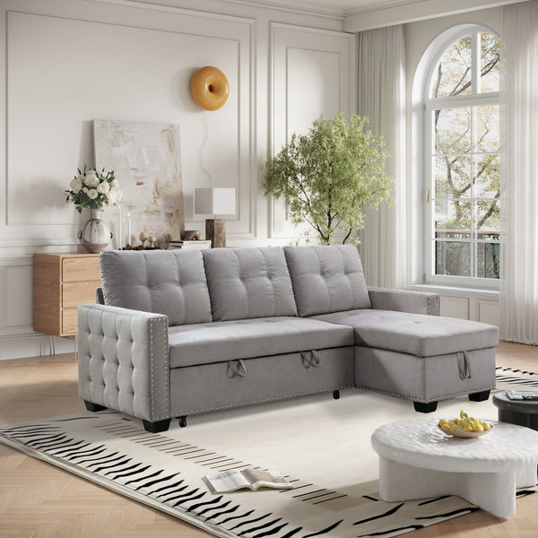 English Elm 77 Reversible 77 Inch Sectional Storage Sleeper Sofa Bed with Pull-Out Guest Bed, Velvet Plush Seating LIGHT GREY W120343142