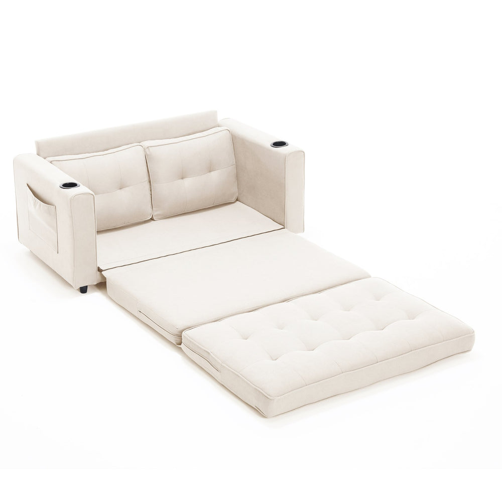 English Elm {VIDEO Modern 3-in-1 Upholstered Futon Sofa Convertible Bed with Tufted Foldable Loveseat, Beige, Storage Cups W2325P195865