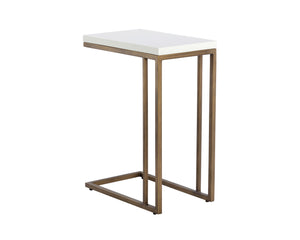 Sunpan Sawyer C-Shaped End Table: Stylish Minimalist Accent for Small Spaces with Unique Concrete Top Antique Brass / White