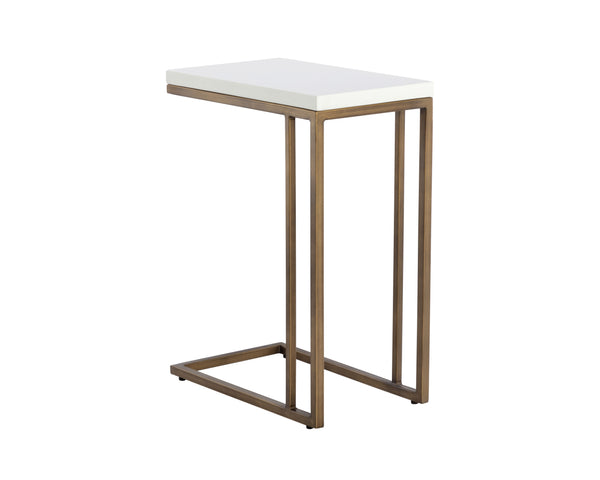 Sunpan Sawyer C-Shaped End Table: Stylish Minimalist Accent for Small Spaces with Unique Concrete Top Antique Brass / White