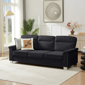 English Elm 82" Chesterfield Snowfleece Upholstered 3-seat Sofa Nailhead Trim Plush Living Room Black W1359P386022