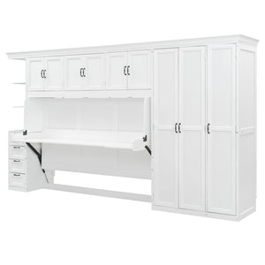 English Elm Twin Murphy Wall Bed with Integrated Desk Wardrobe and Storage Cabinet in White LP000767AAK