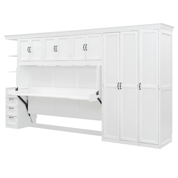 English Elm Twin Murphy Wall Bed with Integrated Desk Wardrobe and Storage Cabinet in White LP000767AAK