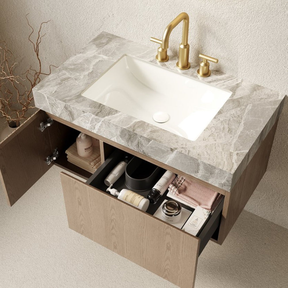 English Elm Muri Floating Bathroom Vanity Plywood Cabinet Sintered Stone Top Woodgrain Finish W2615S00601