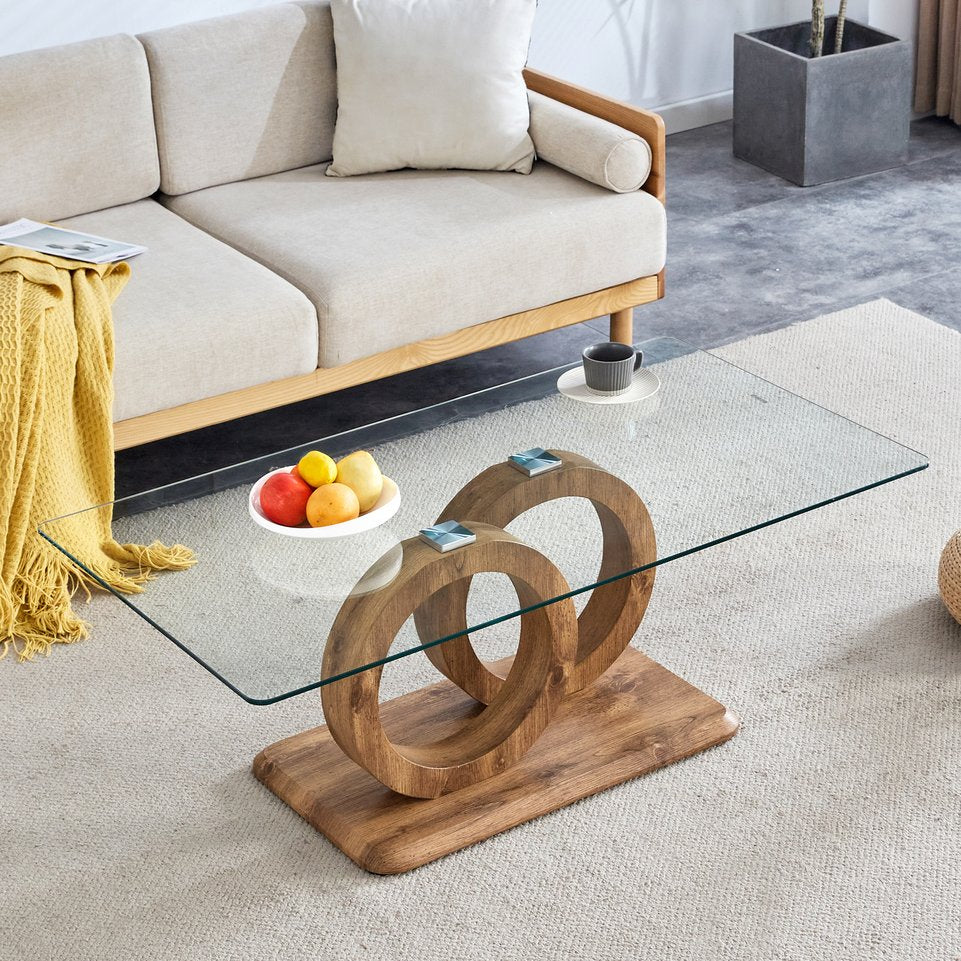 English Elm Modern Glass Top MDF Coffee Table with Interlocking Circle Base, Minimalist Living Room Centerpiece Natural Wood W3226P279048