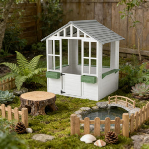 English Elm Wooden Fir Outdoor Kids Playhouse Cottage with Serving Station and Ventilating Windows T3971P442827