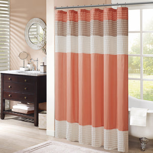 JLA Home Madison Park - Faux Silk Dupioni Shower Curtain with Pintuck Color-Block Panels, Lightweight Hotel-Quality Draping Coral MP70-2319