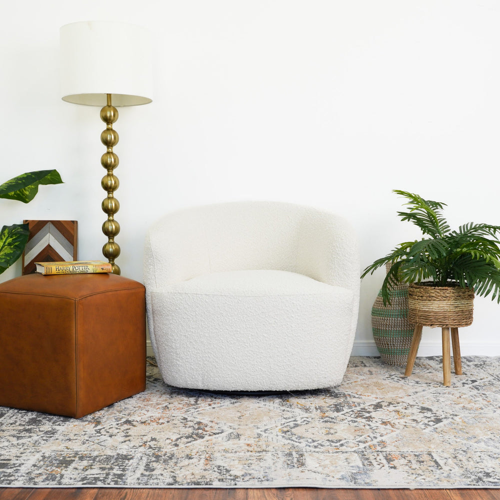 English Elm Ashcroft Furniture - Hot Mina White Boucle Swivel Chair — Plush Teddy Bouclé Upholstery, 360° Steel Swivel, Solid Wood Frame, No Assembly (30x33x31) B183P315112
